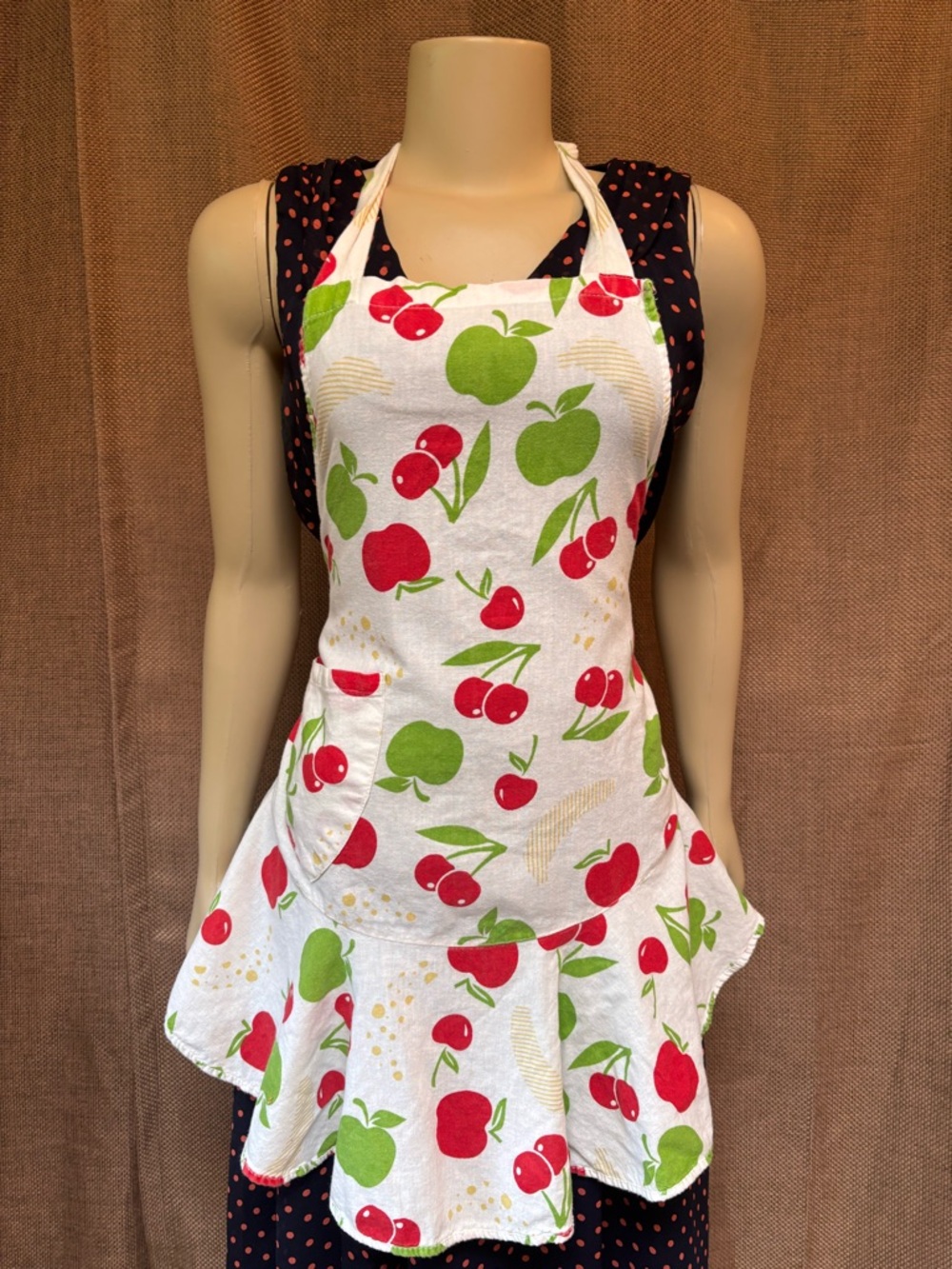Vintage Cherry & Apple Print Apron - White Background